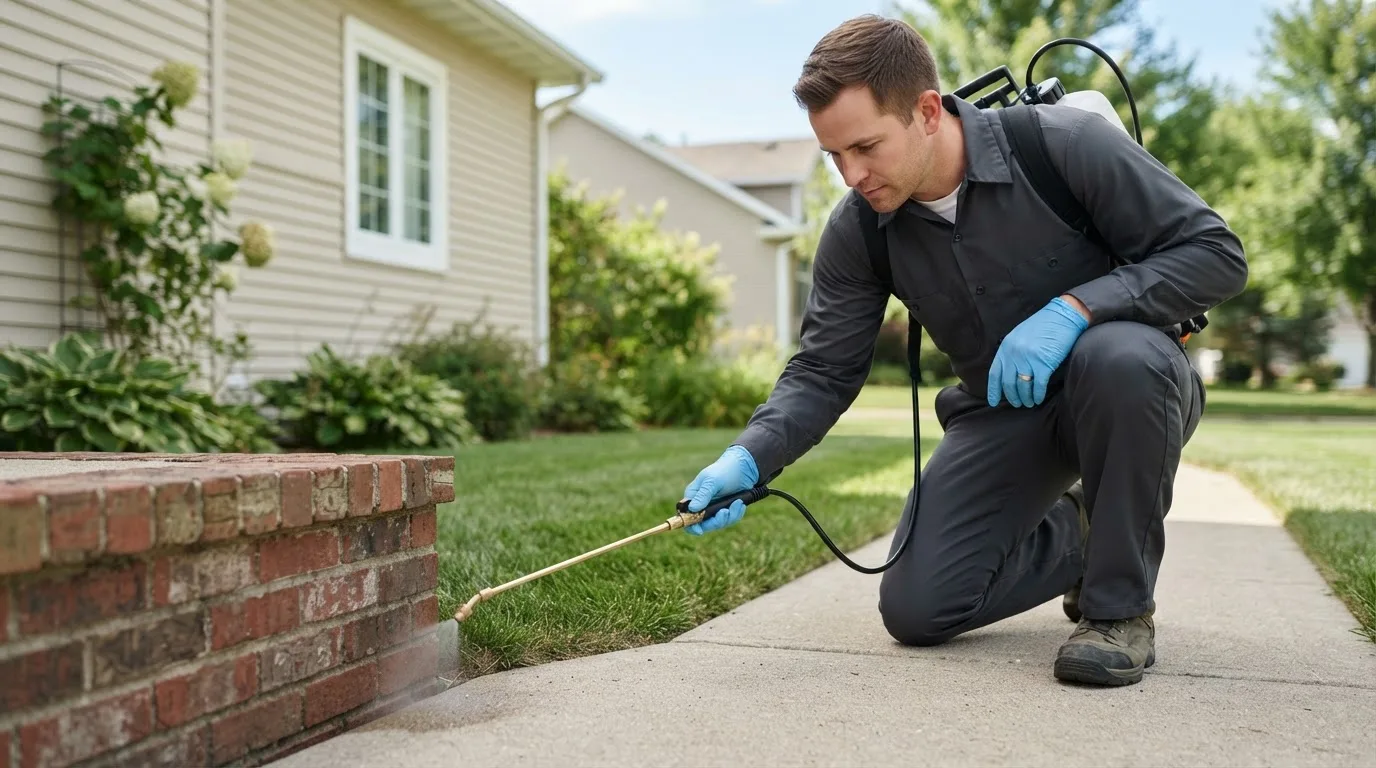 Pest control technician treating a home near Avoca, IN
