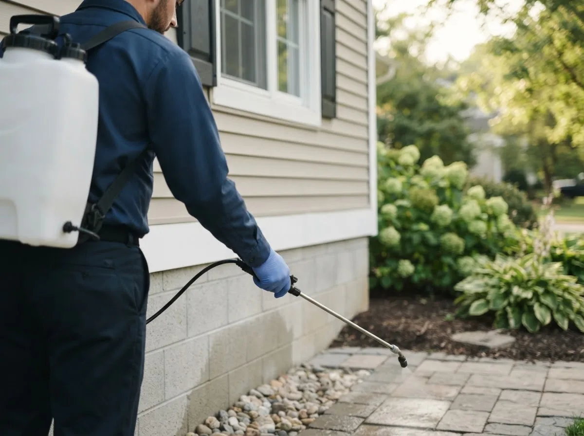 Pest control technician inspecting a home in Avoca, IN